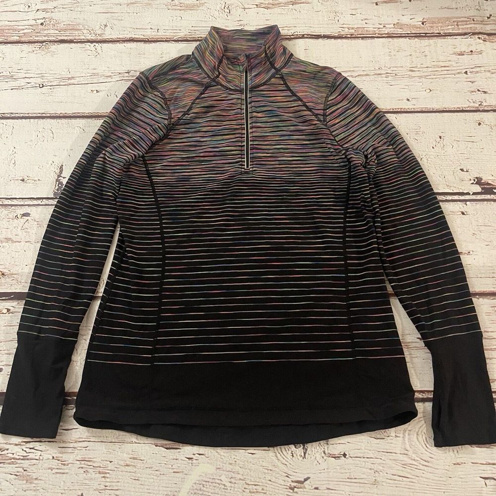 Kirkland Signature Zip Pullover Black Rainbow Skinny Stripe Size Medium Women's